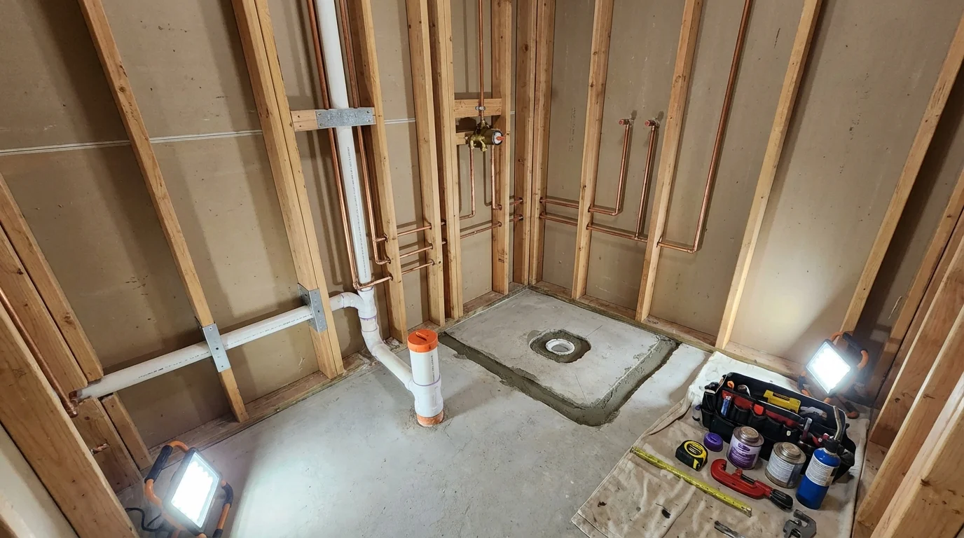 Bathroom rough-in plumbing during remodel by Johns Plumbing LLC in Arroyo Grande