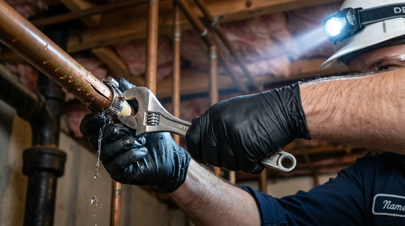 Emergency pipe clamp repair being performed by a Johns Plumbing LLC plumber in Arroyo Grande