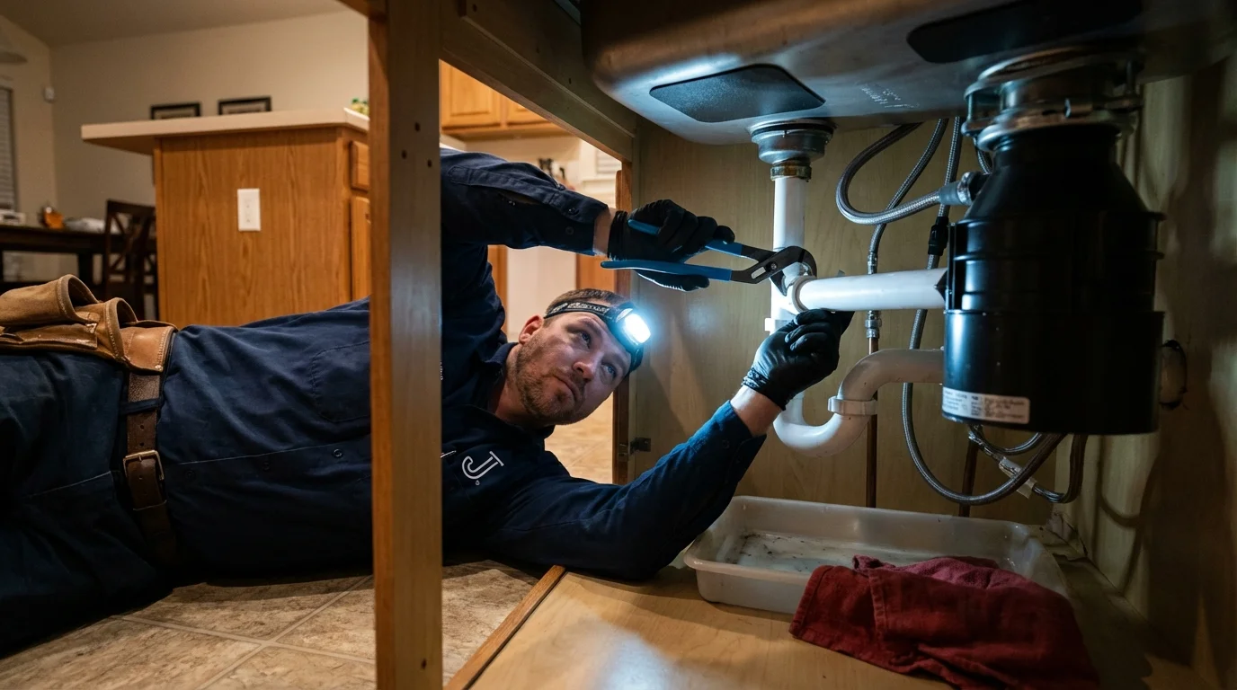 P-trap and supply line connections under a kitchen sink showing a common leak point in Arroyo Grande, CA